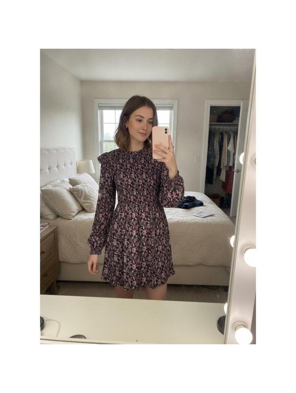 Gap Floral Smocked Mini Dress Purple Pink Ruffle Long Sleeve Cotton Blend Small - Picture 7 of 7